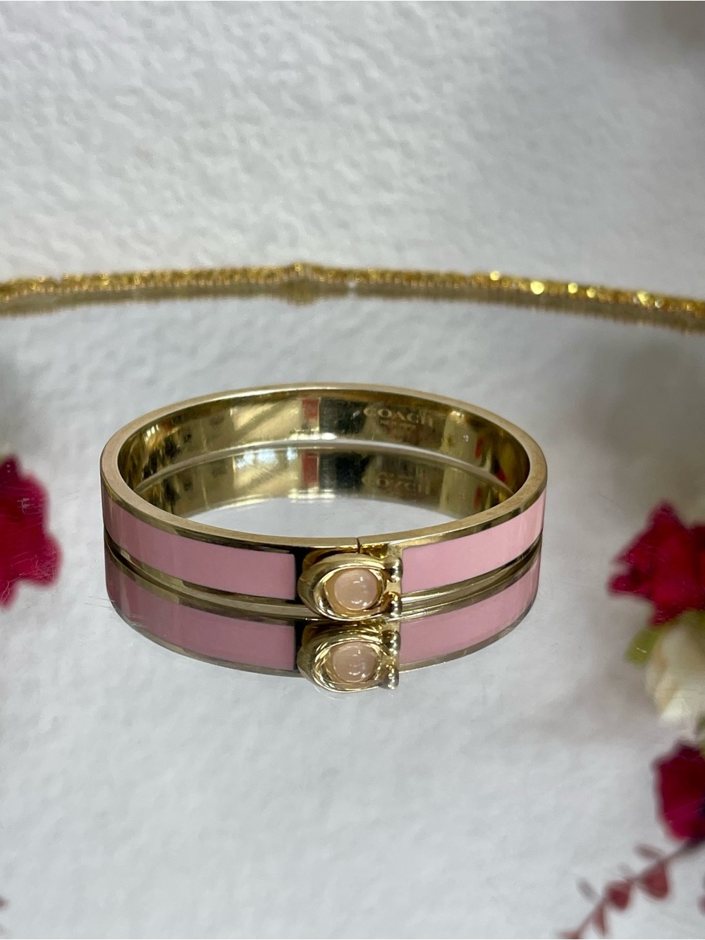 Coach Pink and Gold-tone Enamel Hinged Bracelet with “C” Logo Accent - Picture 4 of 6